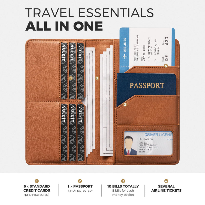 VULKIT Passport Wallet for Travel RFID Blocking Premium Leather | Long Size Travel Wallet for Passport, Cash, Cards, Boarding Pass Top Grain Wine