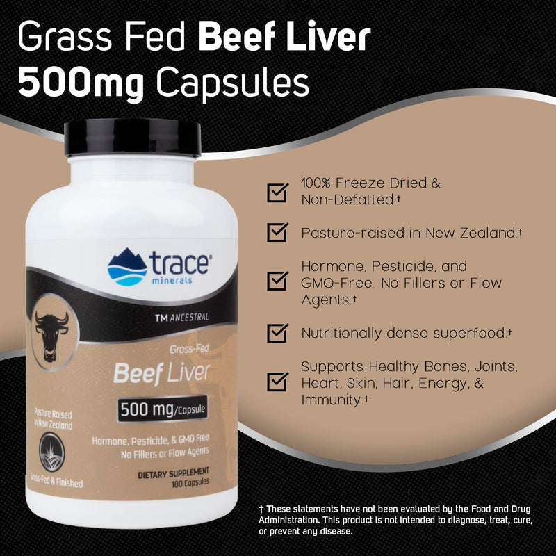 [Australia] - Trace Minerals | Ancestral Beef Liver Capsules (3000mg Bovine Liver) | Pasture Raised, Grass Fed & Finished | Paleo & Keto Friendly | 30 Servings | 180 Count 