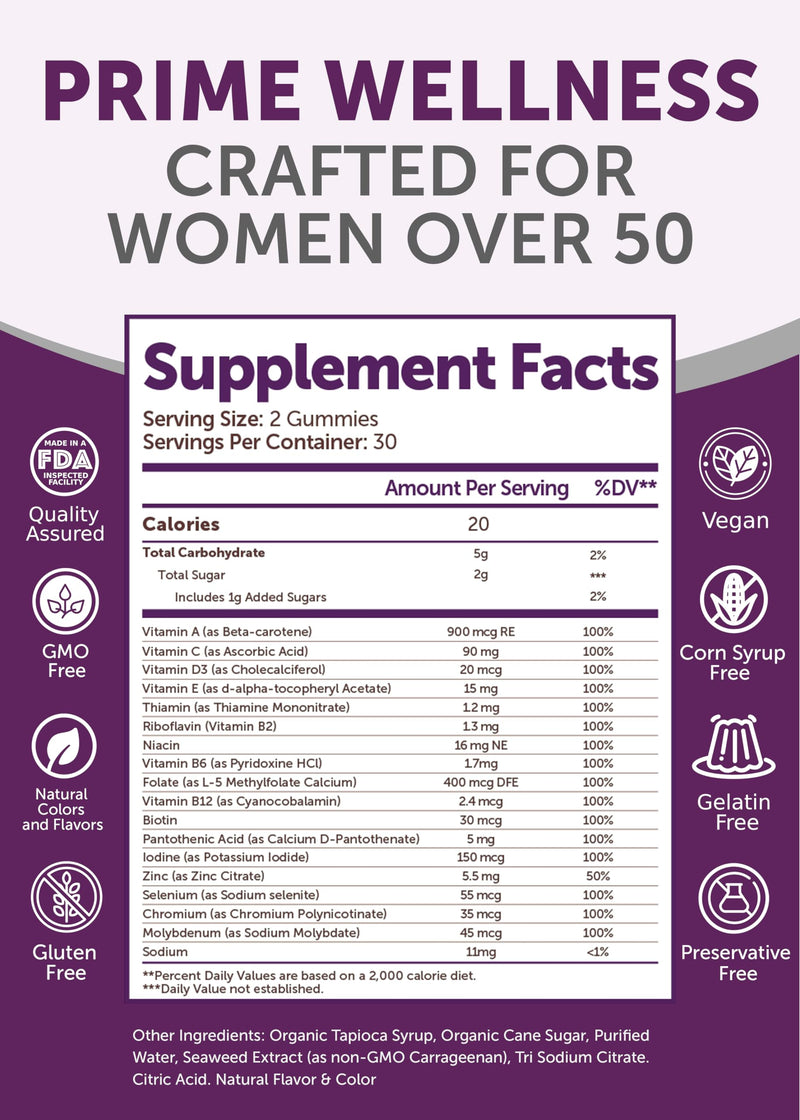Lunakai USA Made 50 Plus Women's Multivitamin Gummies - Delicious Formula Enhanced with Essential Vitamins & Minerals for Health & Vitality - 60ct Single Bottle