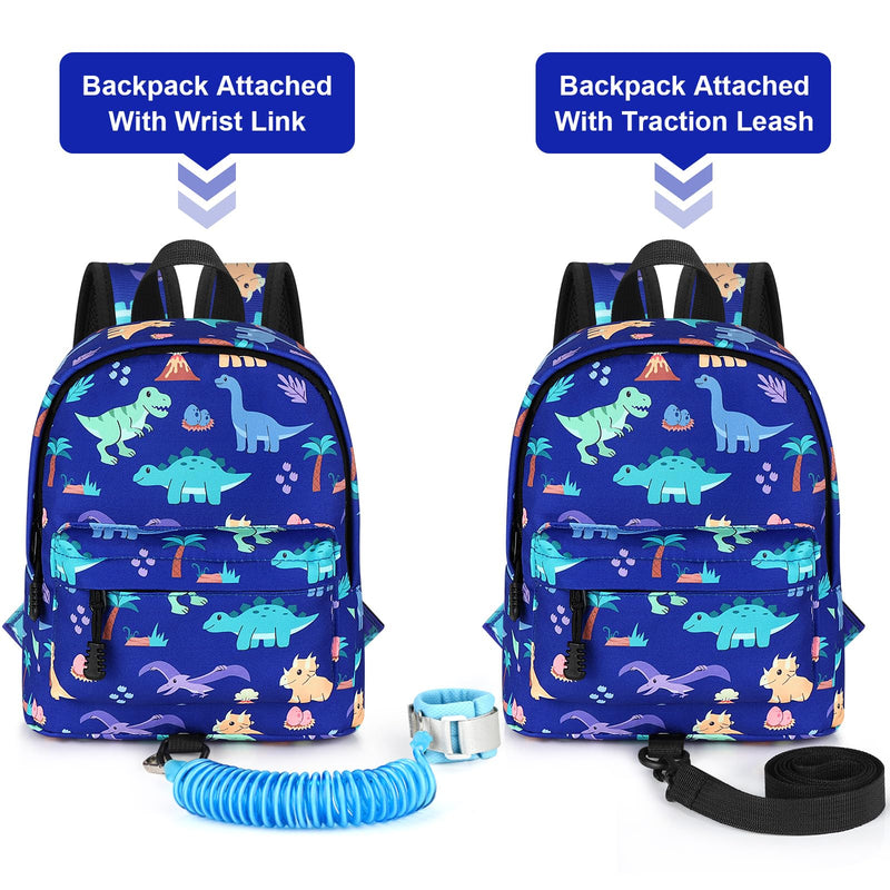 [Australia] - Accmor Toddler Backpack Leash, Cute Dinosaur Kids Backpack with Anti Lost Wrist Link, Mini Child Backpack Leash Walking Harness for Outdoor Travel, Adorable Backpack Tether for Baby Boys 1-3 Blue/Volcanic Dino, Blue Link 