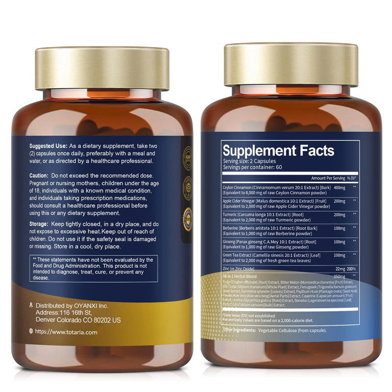 [Australia] - 18-in-1 Organic Ceylon Cinnamon Capsules with Berberine, Ceylon Cinnamon Supplement w/Apple Cider Vinegar Turmeric Bitter Melon Milk Thistle, for Metabolism, Energy, Heart*, 120 Counts 120 Count (Pack of 1) 
