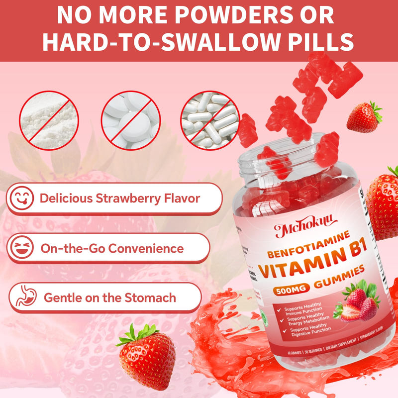 Vitamin B1 Gummies 500mg with Benfotiamine – Thiamine Supplement for Women & Men Supports Healthy Energy Metabolism & Immune, Sugar-Free | Vegan | Non-GMO, Natural Strawberry Flavor, 120 Count 60 Count (Pack of 2)