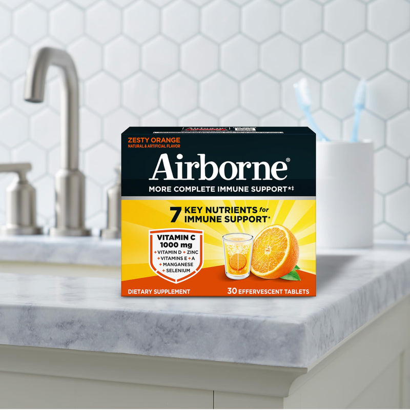 Airborne Immune Support Effervescent Tablets, Zesty Orange Flavor - 30ct with 1000mg Vitamin C + Vitamins A, D, E, Zinc, Selenium, Manganese & Herbal Blend - Sugar‑Free, Gluten‑Free Citrus 30 Count (Pack of 1)