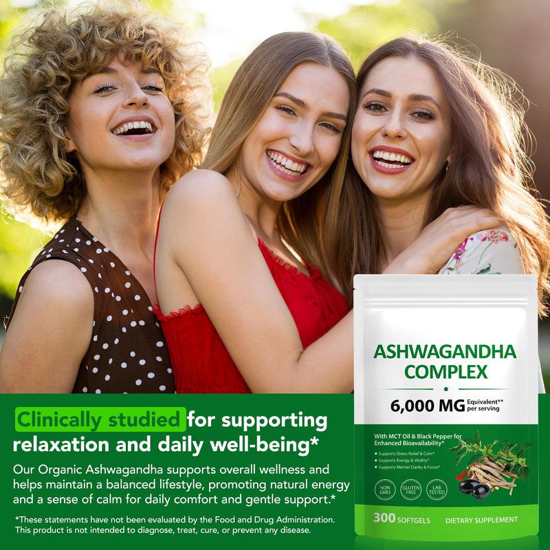 Ashwagandha KSM-66 Ashwagandha Softgels 6000mg Complex Ashwagandha Root Extract with MCT Oil & Black Pepper | Ashwagandha Powder Herbal Supplements for Women & Men