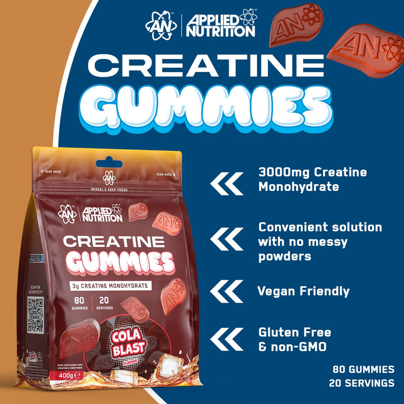 Applied Nutrition Creatine Gummies - 3000mg Creatine Monohydrate per Serving - 80 Chewable Vegan Gummies for Strength, Power & Recovery (20 Servings) Cola Blast