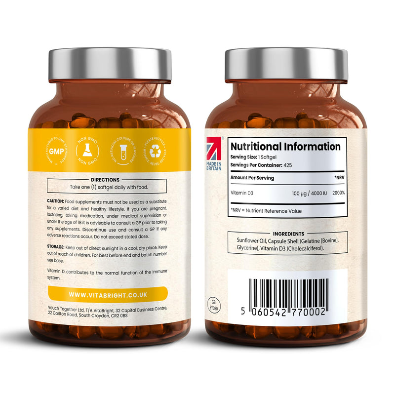 VitaBright Vitamin D3 4000 IU Daily | 425 Micro Softgels | 14 Month Supply | High Strength Vitamin D Tablets | Sugar-Free Alternative to Gummies | Cholecalciferol Supplements for Women & Men