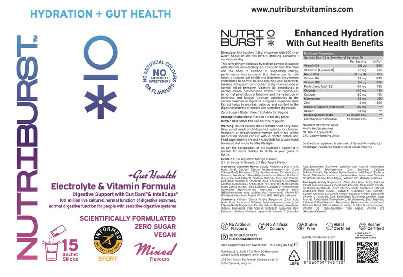 Nutriburst - Gut Health - Electrolytes + 11 Vitamins & Minerals • Digestive Function • Enhanced Hydration - Suitable for Vegans - 15 Pack: Mango, Strawberry & Apple Mixed Flavours 15 Servings (Pack of 15)