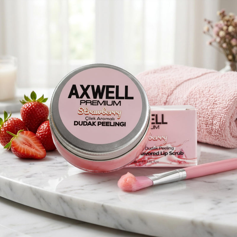 Axwell Premium Lip Scrub – Lip Exfoliator Scrub & Lip Scrubber Exfoliator for Dry Cracked Lips – Strawberry Lip Moisturizer for Very Dry Lips – Vitamin E Almond Oil Lip Balms & Moisturizers 1 fl oz
