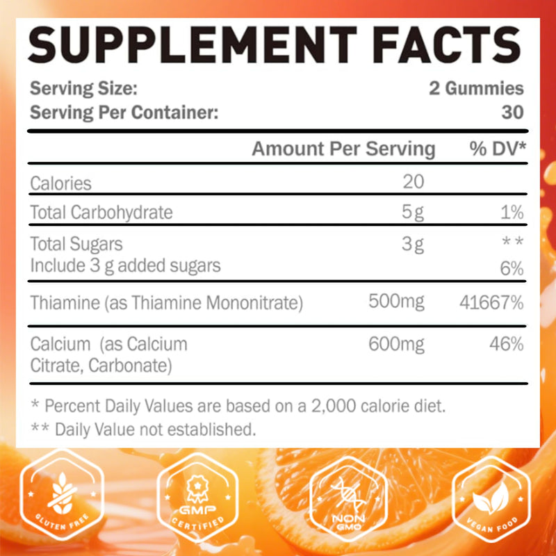 Vitamin B1 Gummies 500mg | Chewable Thiamine B1 Supplement for Adults, with 600mg Calcium Citrate, Support Nervous System, Vegan, Natural Orange Flavor 60 Count (Pack of 1)