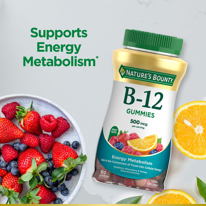 Nature's Bounty Vitamin B12 Gummies, Dietary Supplement, Supports Energy Metabolism and Nervous System Health, Mixed Berry Flavor, 500mcg, 160 Count (Pack of 2) 160 Count (Pack of 2)