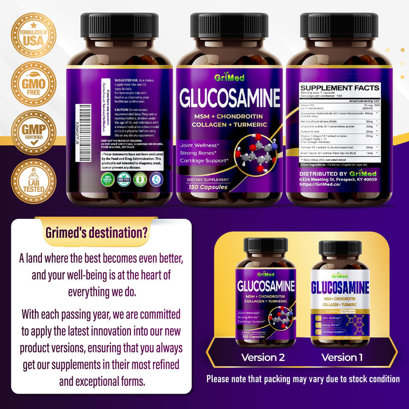 [Australia] - Glucosamine 12,000mg - X12 Power with MSM, Chondroitin, Collagen, Turmeric for Joint Wellness, Strong Bones, Cartilage Support - USA Made & Tested 150 Count (pack of 1) 