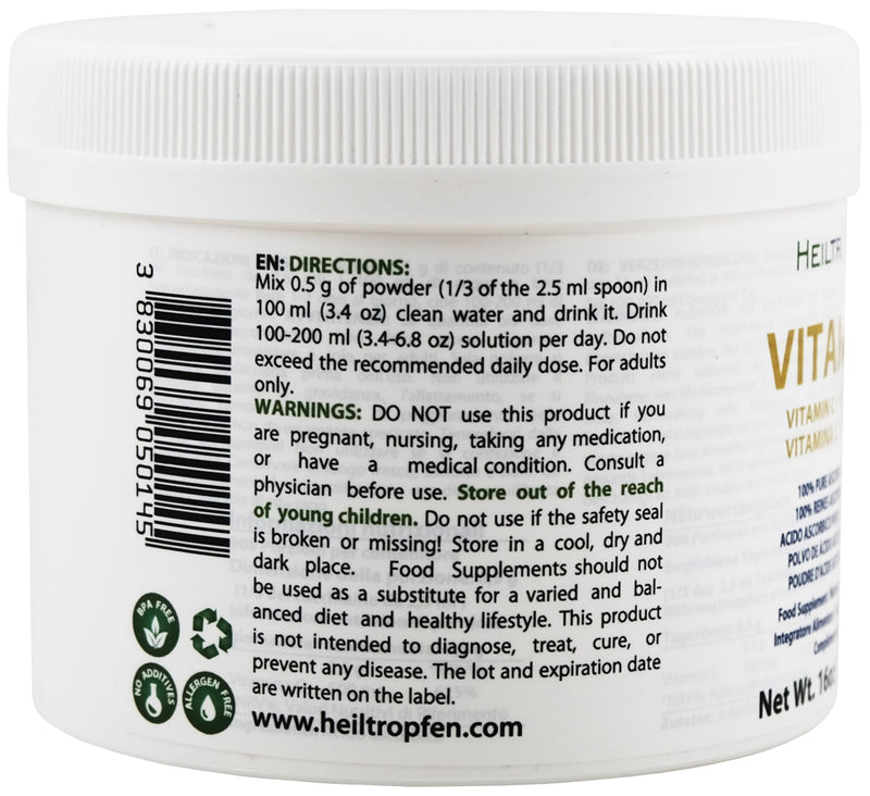 Pure Ascorbic Acid fine crystalline Powder | 1 Pound - 454 g | Vitamin C | Pharma Ingredients (Ph. EUR., USP, BP) | Third-Party Tested | Heiltropfen®