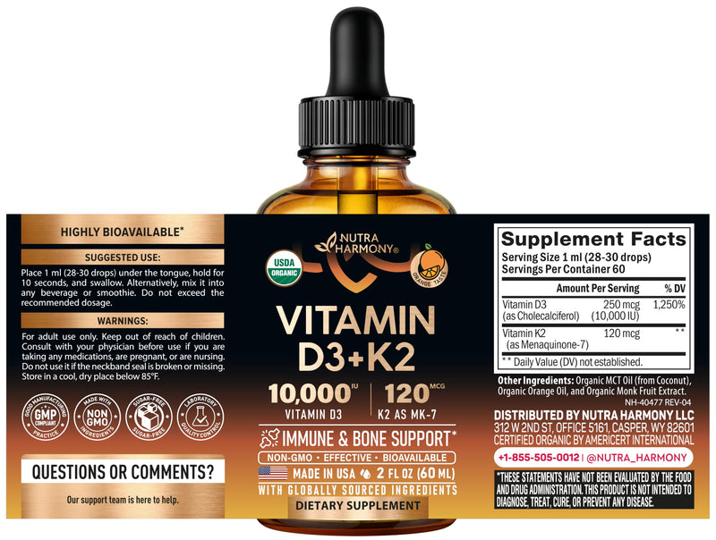 Vitamin D3 K2 USDA Organic Drops - Vitamin D3 10000 IU & K2 120mcg - 2 OZ | Immune & Mood Support, Bone & Teeth Health - Sugar-Free, Orange Flavor - Liquid Supplement for Men & Women - 60-Day Supply 2 Fl Oz (Pack of 1)