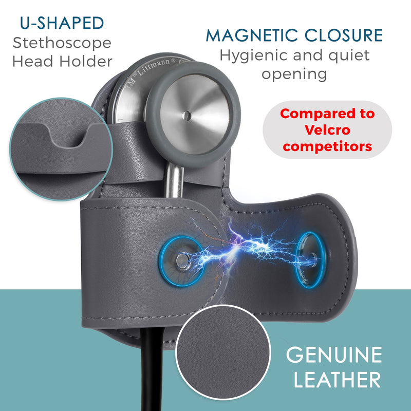 [Australia] - Stethoscope Holder Clip - Magnetic Closure & Inner Pocket - Genuine Leather Stethoscope Waist Holder - Comfortable Stethoscope Clip Storage – Stethoscope Accessories Gift for Nurses, Doctors, & More Gray 