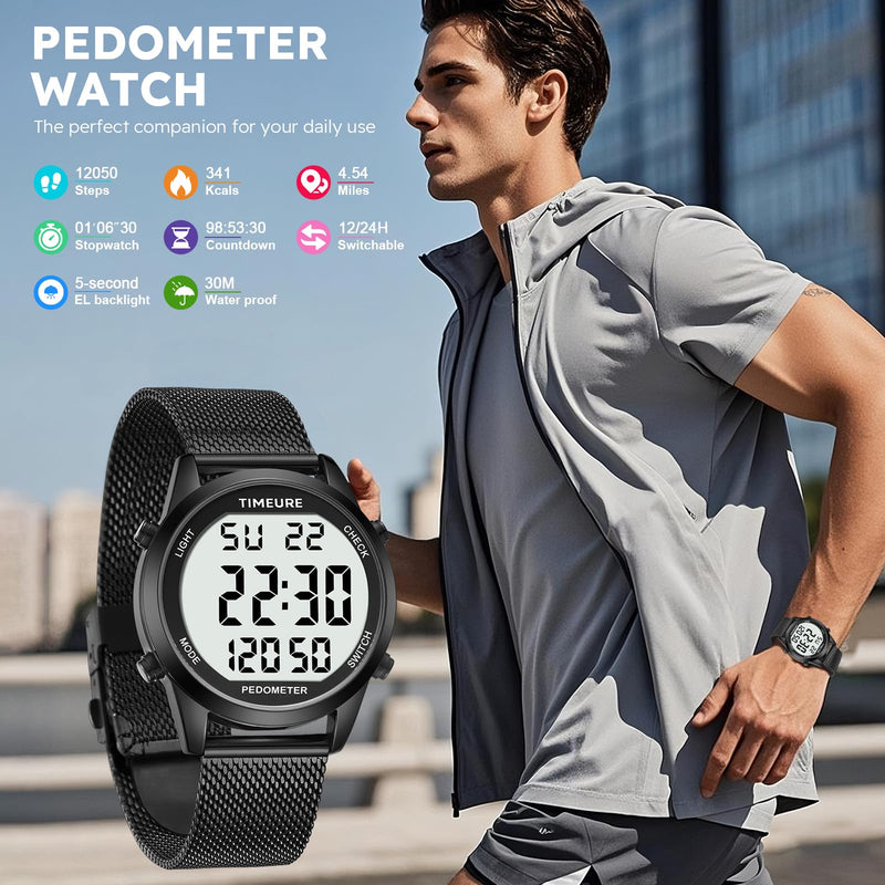 [Australia] - Men's Pedometer Watch with Stainless Steel Bracelet,Step Counter Watch No App, No Charging Needed for Ourdoor Walking, Calorie, Distance, Alarm, Countdown Timer Watch TU-2306B TIMEURE black 