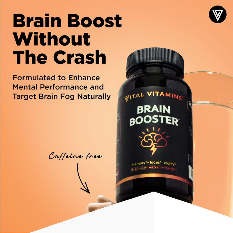 Vital Vitamins Brain Booster Supplements for Memory and Focus, 30 Capsules | Brain Health Support for Adults and Seniors with Bacopa Monnieri & Ginkgo Biloba, Non-GMO, Caffeine-Free & Stimulant-Free 30 Count (Pack of 1)