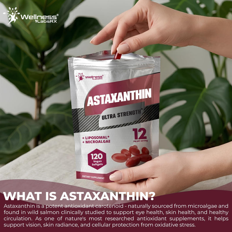 Liposomal Astaxanthin Supplement 12mg, 120 Vegan Softgels, 4 Month Supply | Natural Haematococcus Pluvialis Source, Skincare and Eye Support, Antioxidant Support, Eye Health Vitamins Astaxantina