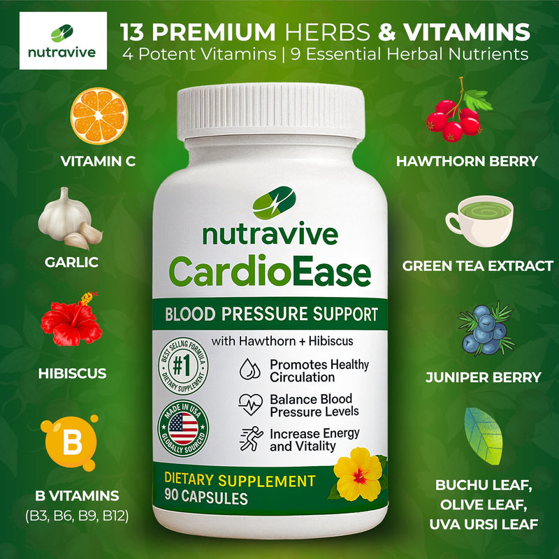 [Australia] - Nutravive Blood Pressure Support Supplement ‚Äì Natural Heart & Circulation Support with Hawthorn, Garlic, Olive Leaf, Hibiscus & B12 ‚Äì USA Made, GMP Facility - 90 Capsules 