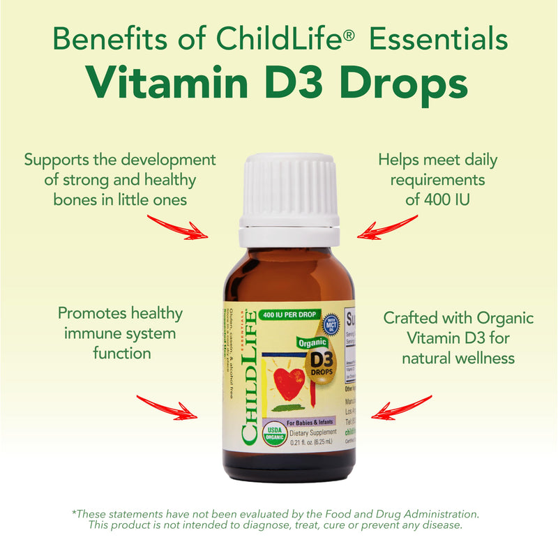 CHILDLIFE ESSENTIALS Organic Vitamin D3 Drops Infants, 0.21 Fl Oz (2 Pack) | Newborns, Baby Vitamin D Drops, 400 IU per Serving, Immune Teeth & Bone Health Support, USDA Organic, Flavorless, Infants 0.21 Fl Oz (Pack of 2)