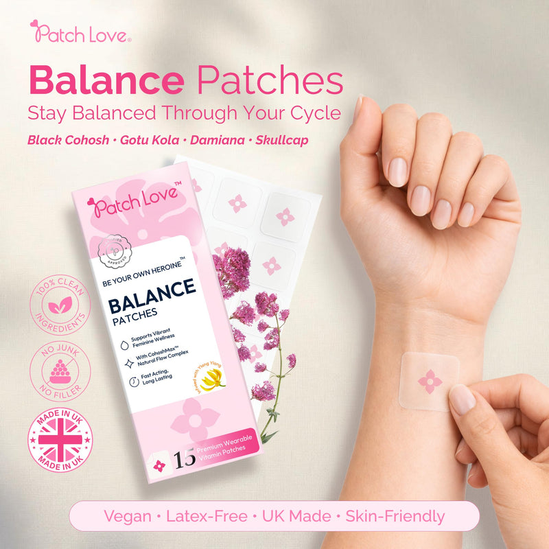 Cycle & Mood Balance Patches for Women - Daily Wearable Patch with CohoshMax Complex, Passion Flower, Damiana & Gotu Kola - Hormone Balance Support - Vegan - 15 Patches - Made in UK