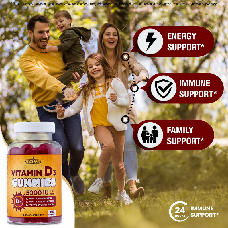 NEW AGE Vitamin D3 5000 IU 125mcg Gummies - Immune Supplement - Non-GMO, Gluten-Free, Dairy-Free, No Gelatin (120 Gummies (Pack of 2)) 120 Gummies (Pack of 2)