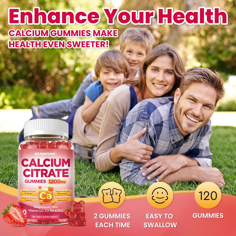 Calcium Citrate Gummies - 1200mg Calcium Gummies Supplements for Women & Men with Vitamin D3, K2, Magnesium, Zinc High Absorption for Bone, Muscle & Immune Support, Strawberry Flavor, 120 Count 60 Count (Pack of 2)