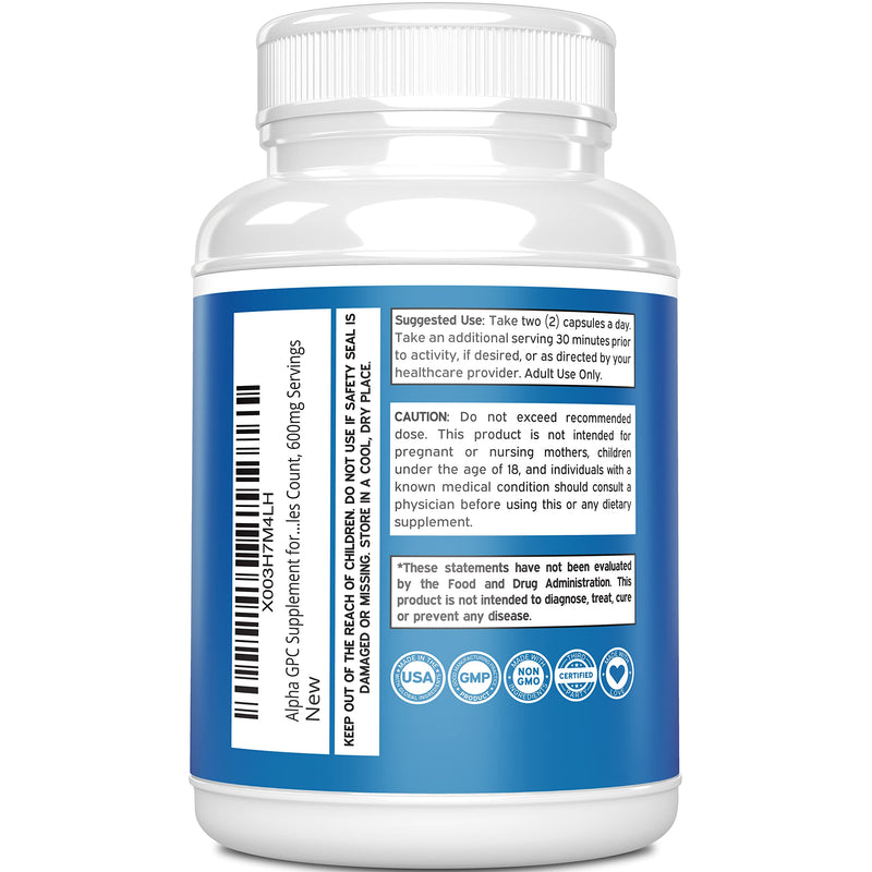 [Australia] - Alpha GPC 600mg Per Serving - (120 Vegan Capsules) - Choline Brain Supplement for Acetylcholine Advanced Memory Formula, Focus and Brain Support Supplement - USA Made - Non GMO, Vegan - (120 Count) 