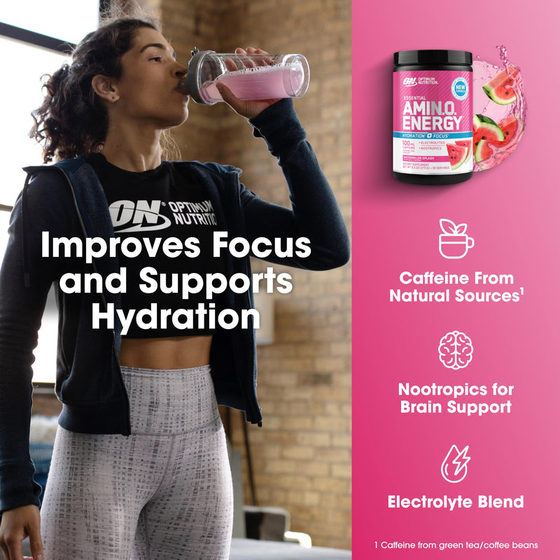 Optimum Nutrition, Amino Energy Powder Plus Focus, with Bcaa, Electrolytes, and Caffeine, Watermelon, 30 Servings | Contains BCAAs, Electrolytes, 100 mg Caffeine, 5g Amino Acids, Zero Sugar, Supports Hydration, Banned Substance Tested