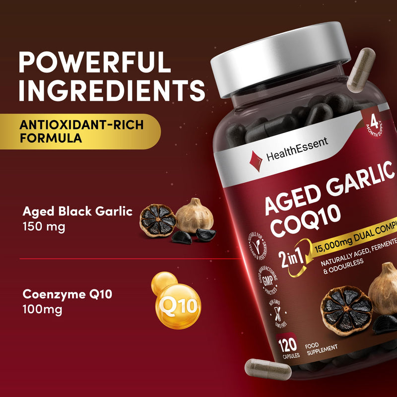 HealthEssent Aged Black Garlic 15,000mg Blood Pressure Support with CoQ10 | 120 Capsules, 4 Month Supply | Odourless Fermented Aged Garlic Extract | 100:1 Dual Complex | Vegan, Non-GMO, GMP Quality