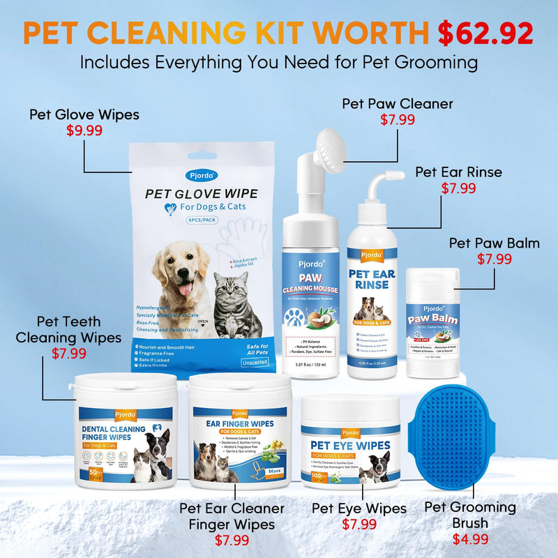 [Australia] - Dog Wipes Cleaning Deodorizing, Grooming Wipes & Paw Cleaner, Pet Cleaning Kit for Teeth, Ears, Eyes, Paw, Body, Ear Rinse, Essential Dog Supplies Set 