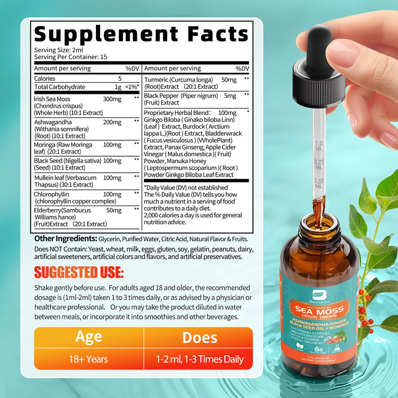 [Australia] - 2PACK Sea Moss Drops - Irish Sea Moss Chlorophyll Liquid with Black Seed Oil, Ashwagandha, Moringa, Turmeric, Elderberry, Mullein, Seamoss Gel Supplement for Lung Cleaner, Detox & Gut, Immune Support 1 Fl Oz (Pack of 2) 