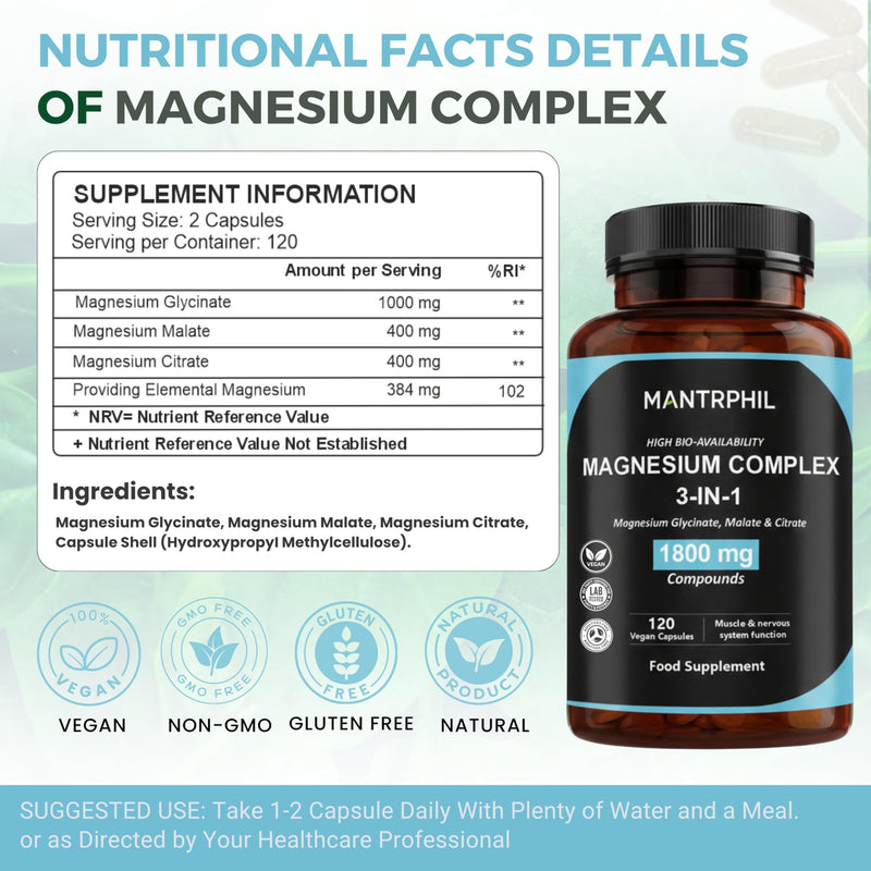 Magnesium Complex 3-in-1 | Magnesium Glycinate, Malate & Citrate | 384mg Elemental Magnesium | 120 Vegan Capsules | Food Supplement | Non-GMO
