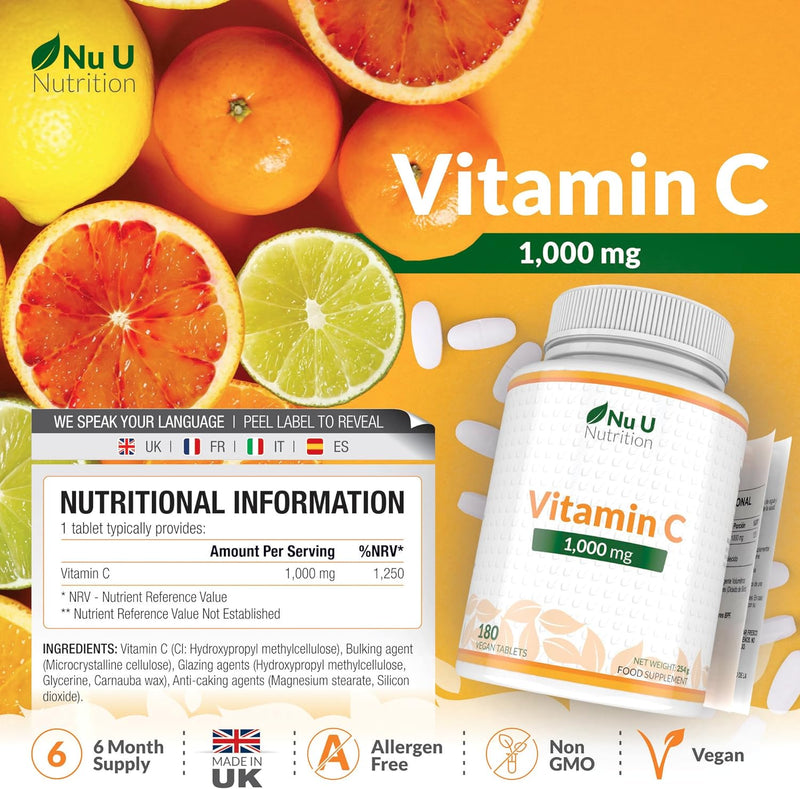 [Australia] - Vitamin C 1000mg | 180 Premium Tablets (6 Month’s Supply) | High Dose Quality Ascorbic Acid | Suitable for Vegetarian & Vegans| Made in The UK by Incite Nutrition® 