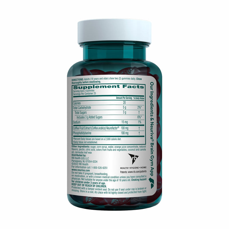 NEURIVA Original Brain Supplements for Memory and Focus, Clinically Tested Nootropics Phosphatidylserine and Neurofactor, Caffeine Free, 50ct Strawberry Gummies | Brain Supplements for Memory and Focus, Phosphatidylserine, Neurofactor, Decaffeinated No...