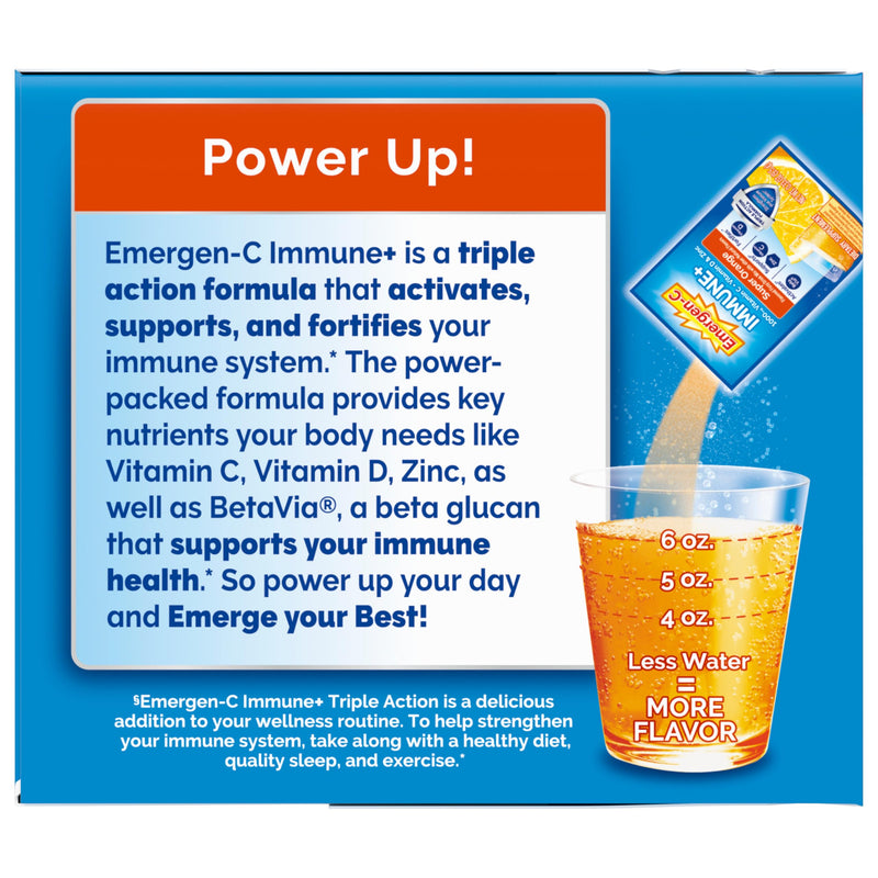 Emergen-C Immune+ Triple Action Immune Support Powder, Super Orange, 50 ct | BetaVia Triple Action, Vitamin D, B Vitamins, Zinc and Manganese, Energy Support, 50 Day Supply 1.03 Pound (Pack of 1)