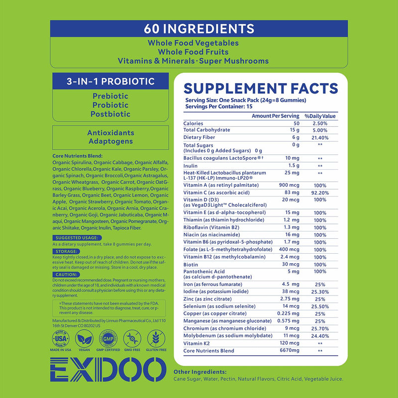 Super Greens Daliy Gummies Superfood Gummy | Sugar Free Support Women Men Digestive and Immune with Spirulina Chlorella Prebiotic Probiotic Postbiotic