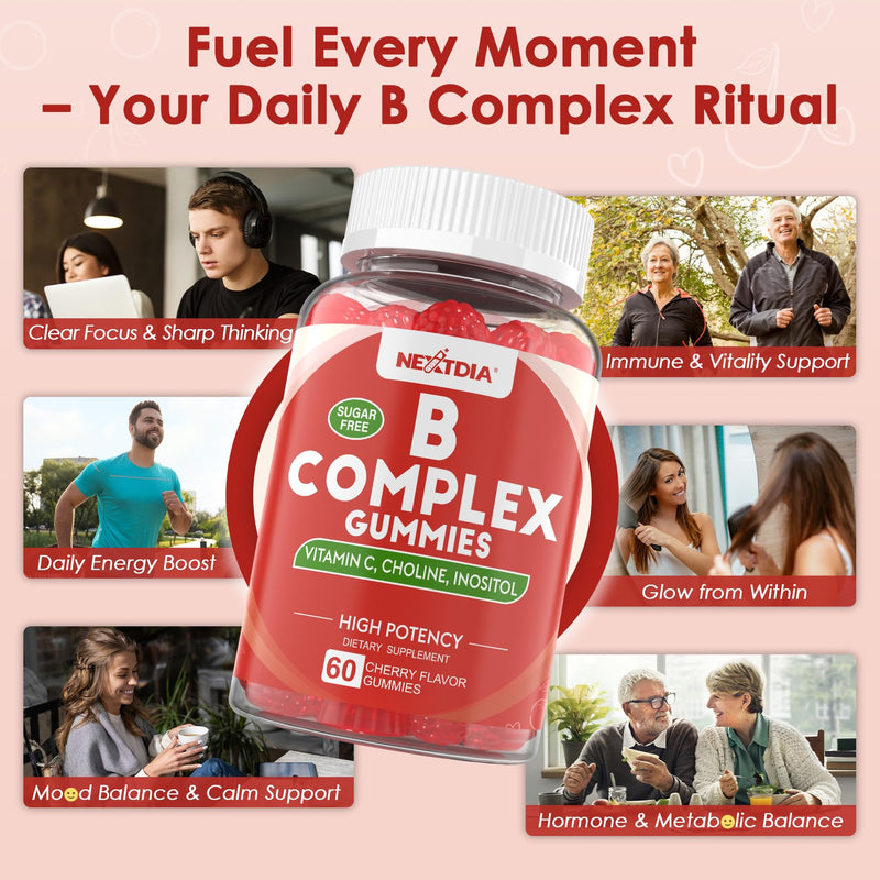 Methylated Vitamin B Complex Gummies B12 Folate Biotin +Vitamin C Zinc 60Ct | Methyl B12 & Active Folate, Full B Complex + Biotin Choline Inositol, Vitamin C + Zinc, Energy Mood Immune Hair Skin & Brain 60 Count (Pack of 1)