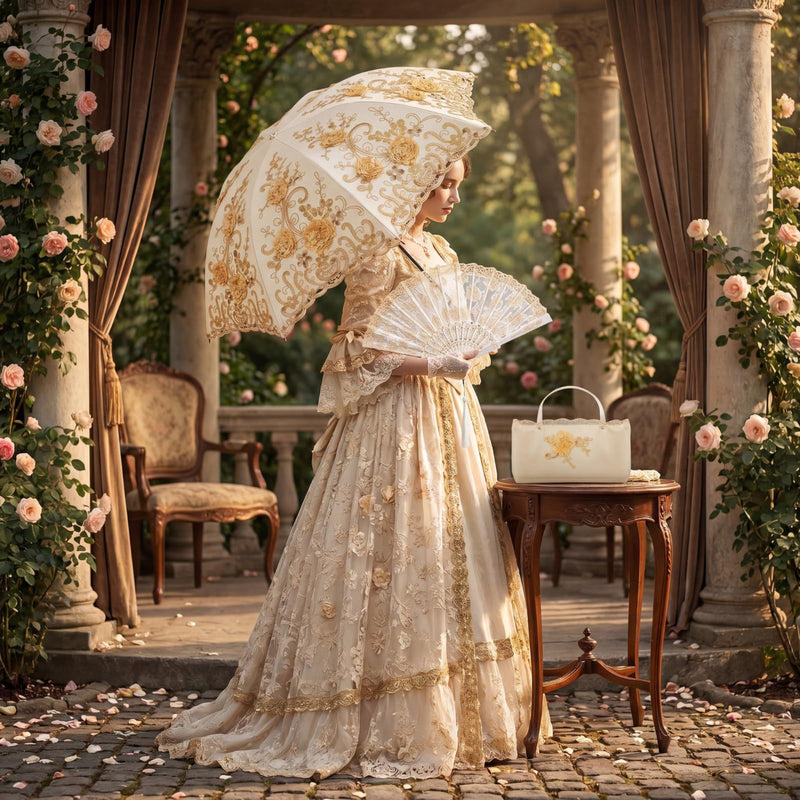 Floral Lace UV Sun Parasol with Lace Handheld Fan Vintage Flower Embroidery Umbrella Folding Fan Gothic Umbrella or Bridal Wedding Party Gift Show Cosplay Photo Props Apricot Yellow