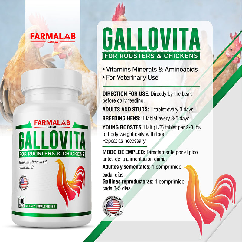 GALLOVITA para Gallos 100Tabs Vitamins Minerals Aminoacids for Rooster Hens Chickens Gamefowl Vitaminas Minerales Aminoacidos - PawsPlanet Australia