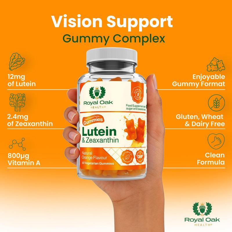 Lutein & Zeaxanthin Gummies 12mg + 2.4mg with Vitamin A 800µg | Vision Support Eye Complex | Natural Orange Flavour | Plant Based Pectin | Vegetarian | 60 Gummies | UK Made | GMP Certified Lutein & Zeaxanthin Gummies