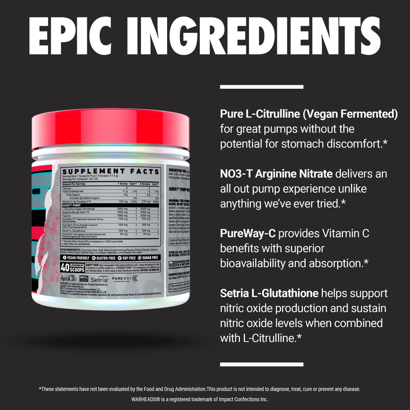 [Australia] - GHOST Pump Nitric Oxide Powder, Warheads Sour Watermelon - 40 Servings - Sugar & Stim-Free Pre-Workout Supplements- L-Citrulline, Arginine Nitrate & L-Glutathione - Soy & Gluten-Free, Vegan 