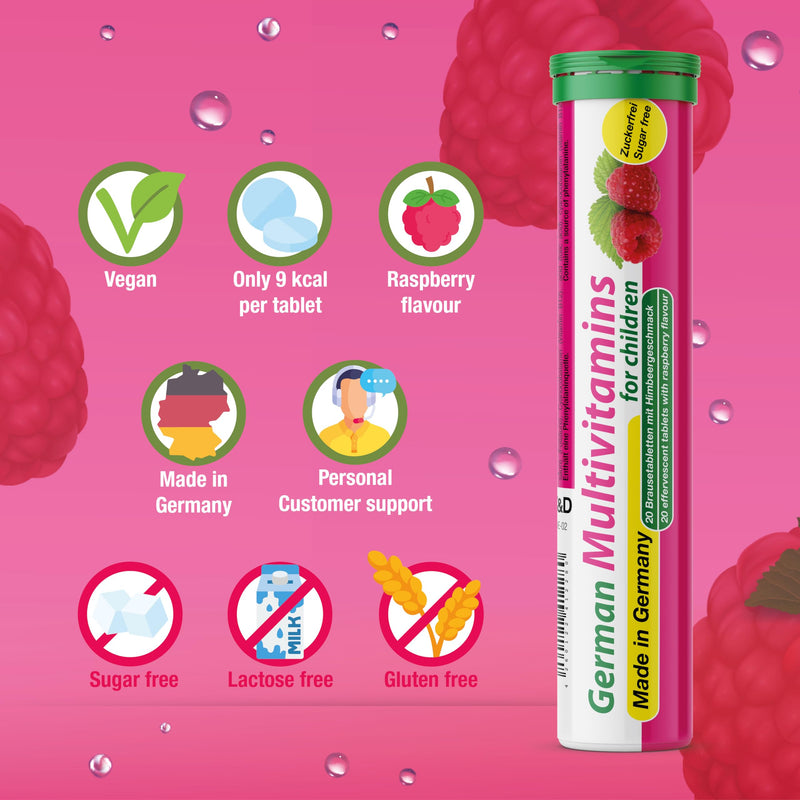 German Multivitamin for Children 60 Drink Effervescent Tablets - Sweet Raspberry Flavour, Sugar Free, Vegan - Vitamin C, E, B1, B2, B6, B12, Folic Acid, Niacin – T&D Pharma – Made in Germany 60 count (Pack of 1)