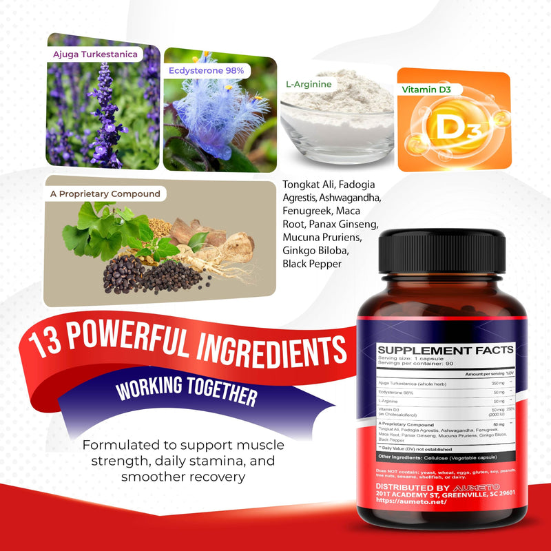 Turkesterone Supplement - Enhanced with L-Arginine, Tongkat Ali, Ginseng, Maca Root, Vitamin D3 - Energy, Endurance & Male Vitality Support - 90 Capsules