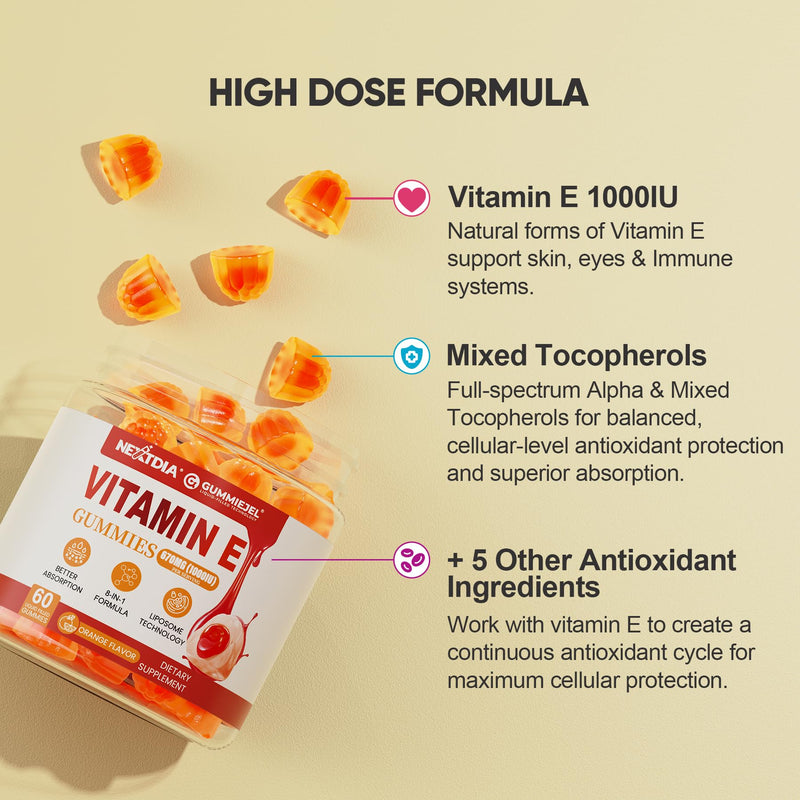 Liposomal Vitamin E Gummies 1000IU, Natural Form of Vit E Mixed Tocopherol | 8-in-1 Antioxidant Formula with CoQ10, Omega-3, Vitamin C & Turmeric | for Skin, Eye, Immune & Brain, 1 PACK