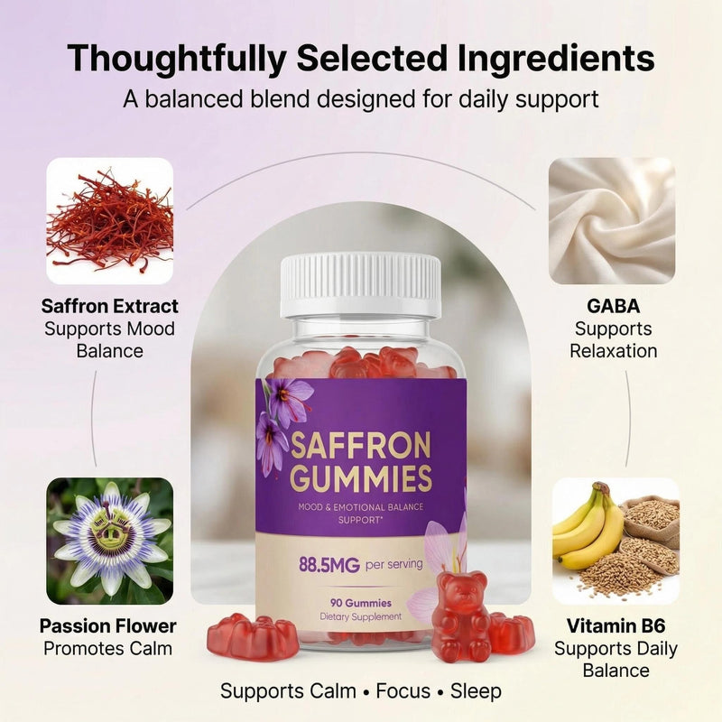 Saffron Gummies – Strawberry Flavor with 88.5mg Premium Saffron Extract Per Serving, Vitamin B6, GABA & Passion Flower, Supports Positive Mood & Focus, Better Sleep Routine, 90 Gummies