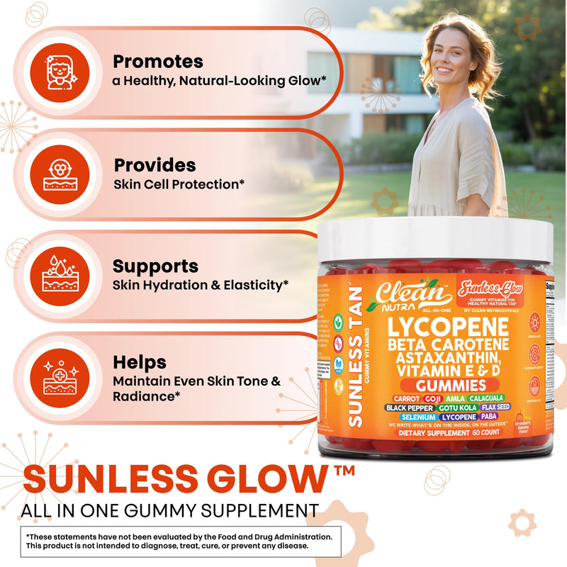 [Australia] - Clean Nutra Sunless Glow Gummies with Lycopene, Beta Carotene, Astaxanthin, Vitamin E and D - All-in-One Gummy Supplement for Daily Routine - 60 Count, Vegan, Non-GMO, Pectin-Based, Gluten-Free 