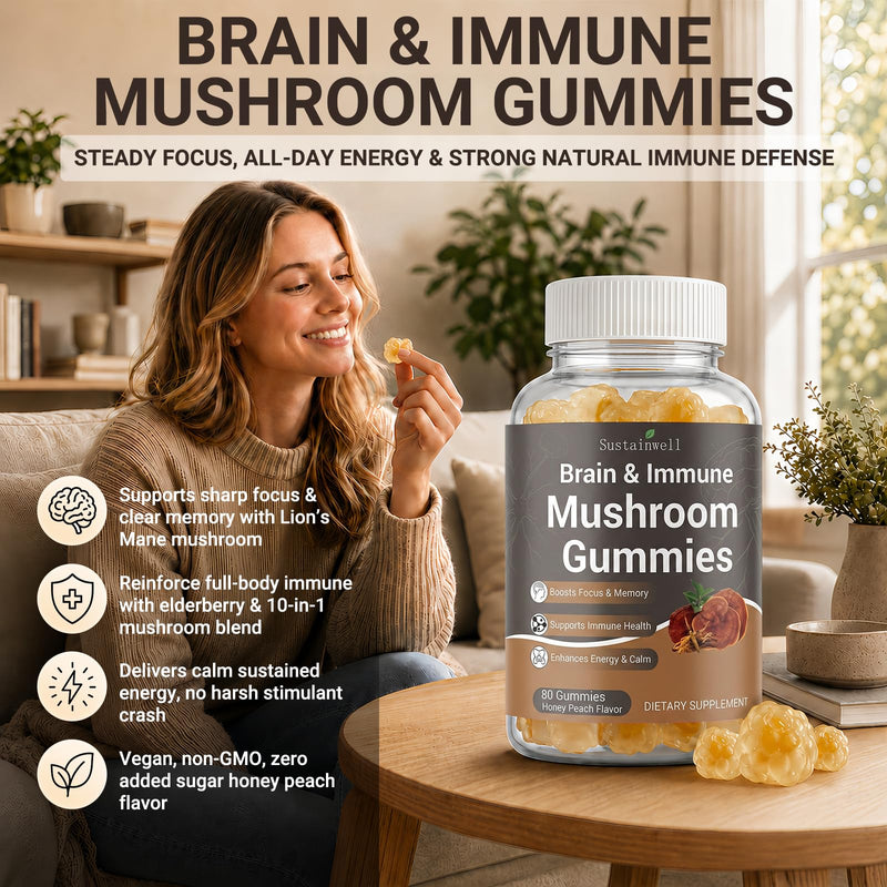 Brain & Immune Mushroom Gummies with Organic 10-Mushroom Blend, Elderberry, Vitamin C & D3 | for Focus, Memory, Immune Support & Balanced Energy, Honey Peach Flavor, 80 Gummies