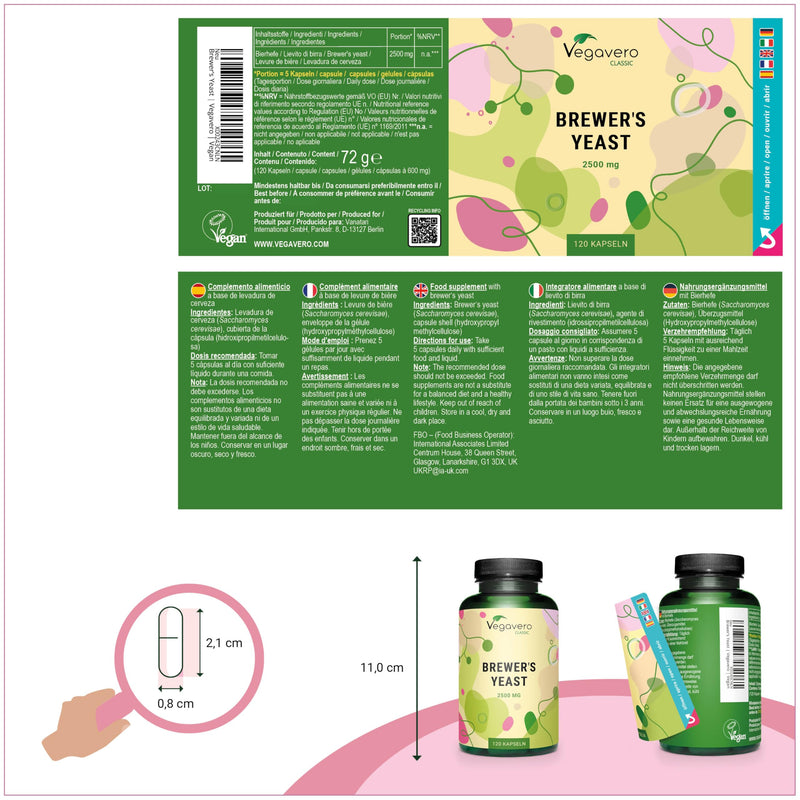 [Australia] - Brewer's Yeast 2500 mg | With biotin for healthy skin, hair and nails | 100% natural without additives| Laboratory tested | German production | 120 high-dose capsules | Vegan | Vegavero® 