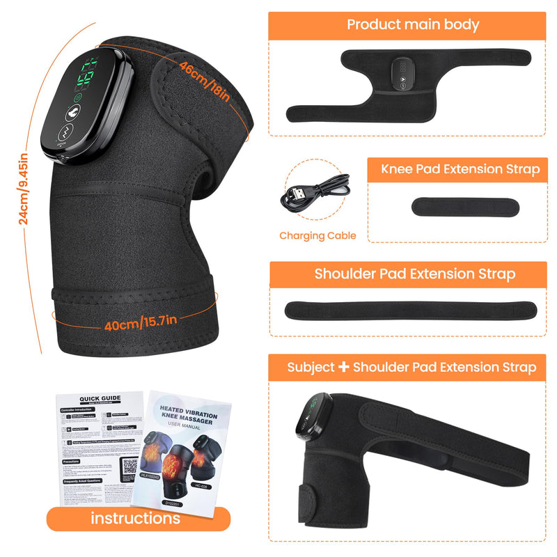 Heated Knee Massager Vibration Cordless Knee Brace， 3-in-1 Heating Pad for Elbow Shoulder， 3 Heat Levels and 3 Massage Heads Knee Brace Wrap Gifts for Mom Dad Black-1pack