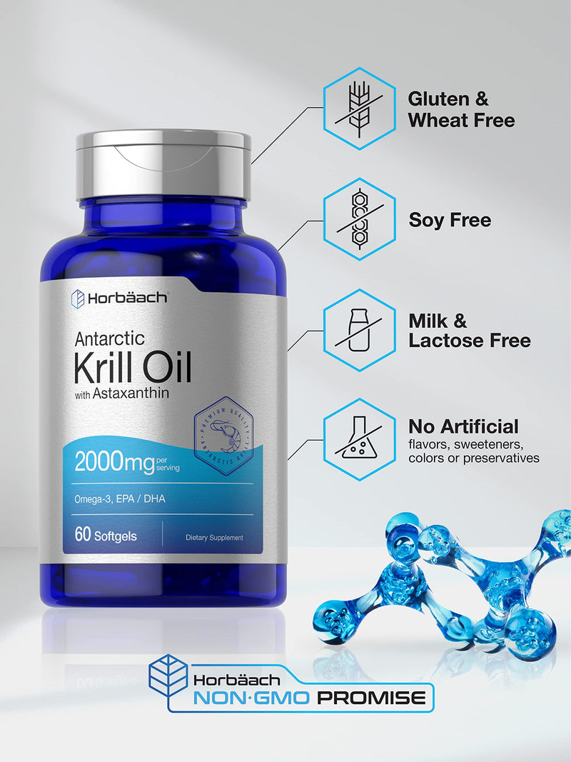 Horbäach Antarctic Krill Oil 2000mg | 60 Softgel Capsules | Omega-3, EPA, DHA Supplement | with Astaxanthin | Non-GMO, Gluten Free